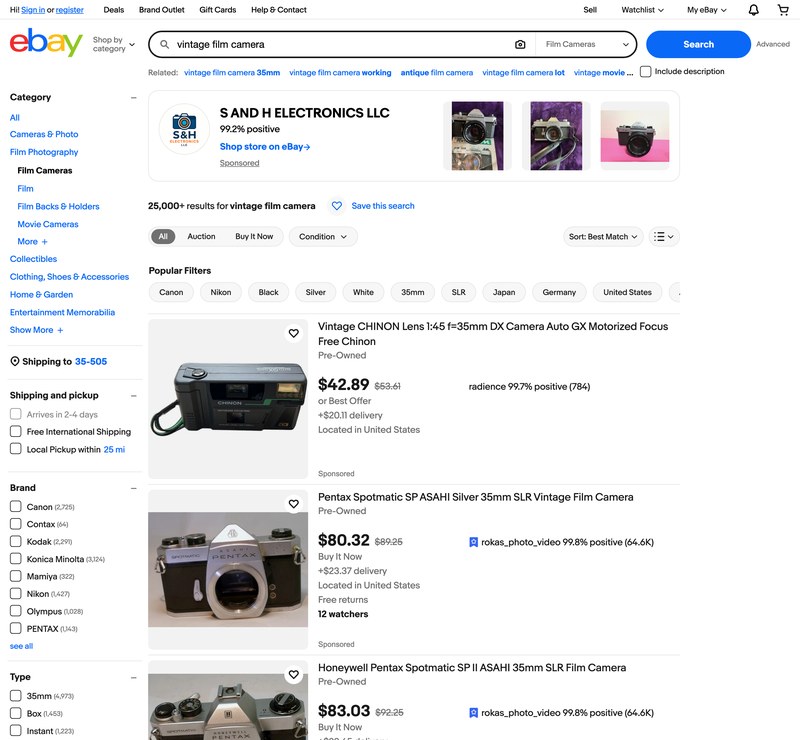 Capture of an eBay search for vintage film cameras