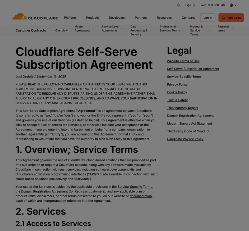 Capture of the Cloudflare subscription agreement page