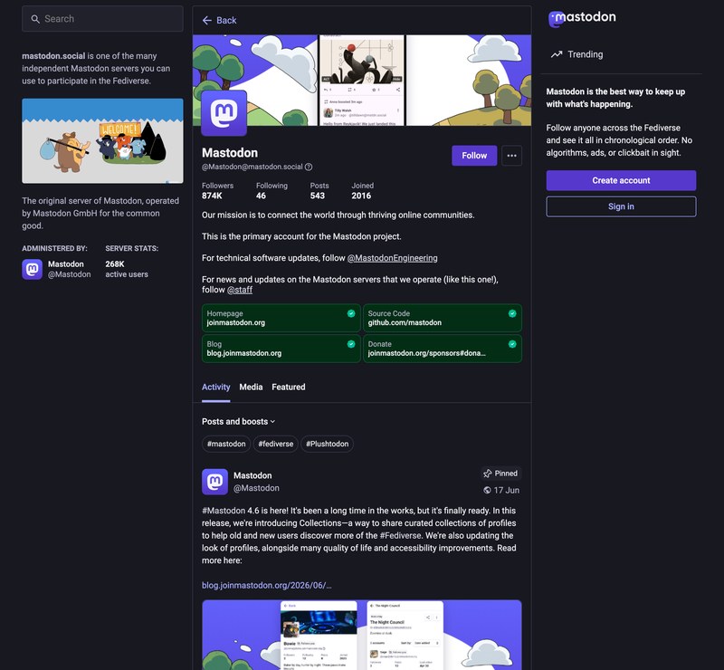 Capture of the Mastodon project profile page